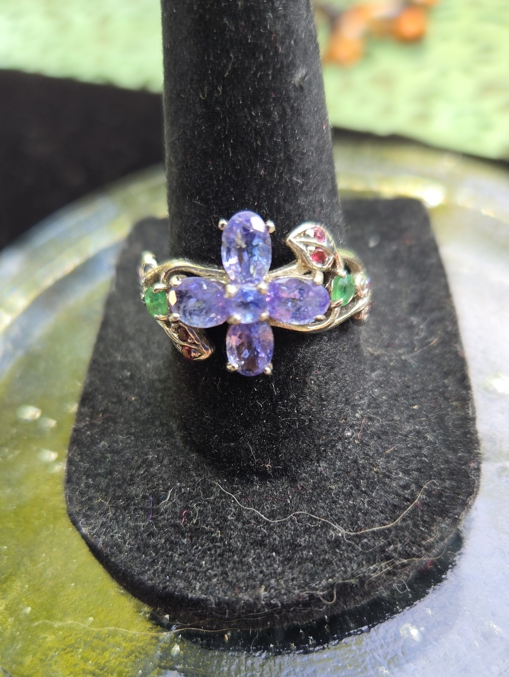 Floral Tanzanite, Emerald Abd Rhodolite  Ring - 7.5